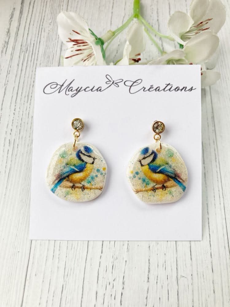 boucles d'oreilles à motif mésange bleue