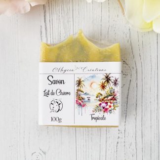 Savon lait de chèvre tropical fait main, enrichi en argile bleue et huiles essentielles, pour une peau nourrie et purifiée